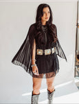 Desiree black pleated cape dress