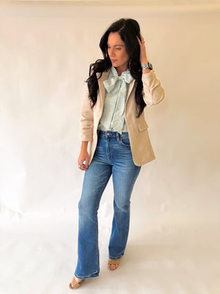 Madison green checkered bow blouse