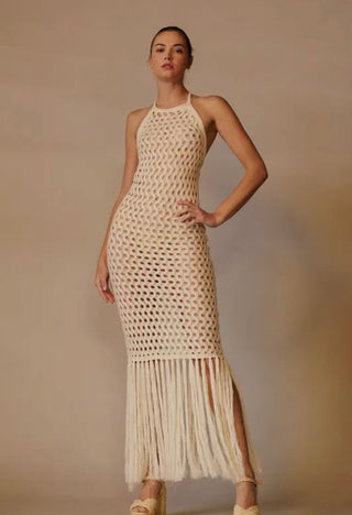 Brianna sweater fishnet dress with fringe