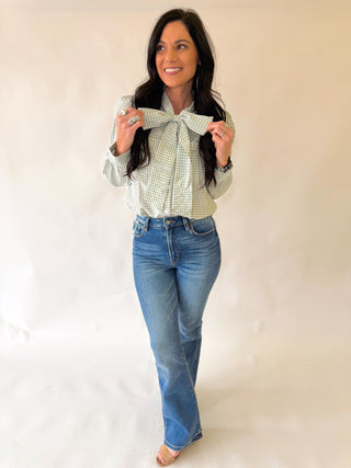 Madison green checkered bow blouse