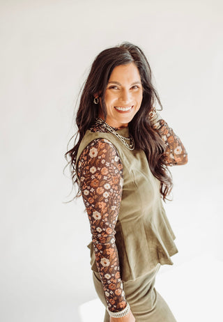 Jennifer olive suede peplum top