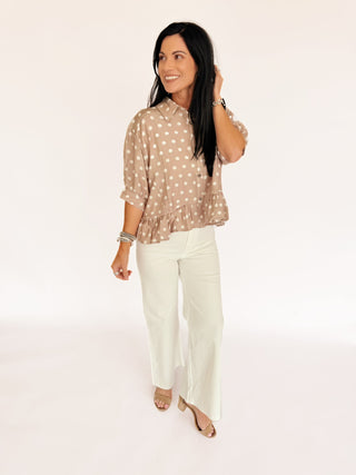 Paula taupe polka dot blouse ruffle hem