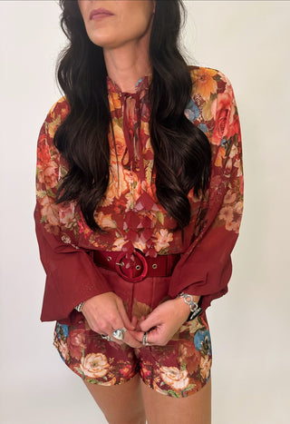 Luxe burgundy floral shorts