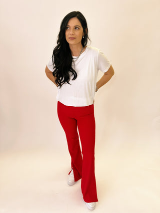 Rachel red ribbed flared yoga pants