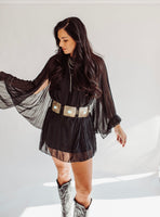 Desiree black pleated cape dress