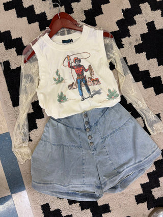 Filly flared out denim shorts with concho buttons