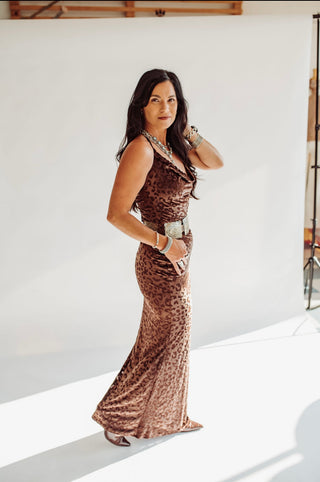 Abby brown crushed velvet leopard dress