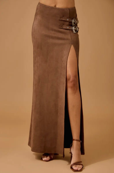 Buckle suede maxi skirt