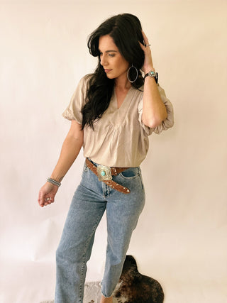 Tatum taupe puff sleeve blouse