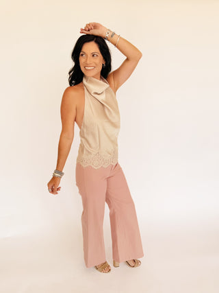 Chanel cowl neck lace bottom blouse