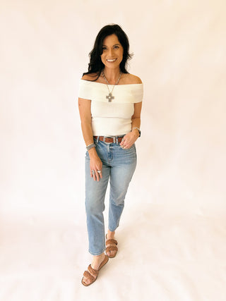 Ashley white off the shoulder ribbed top