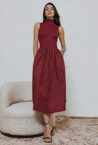 Kyla mock neck crimson midi dress