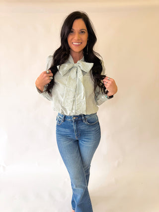 Madison green checkered bow blouse