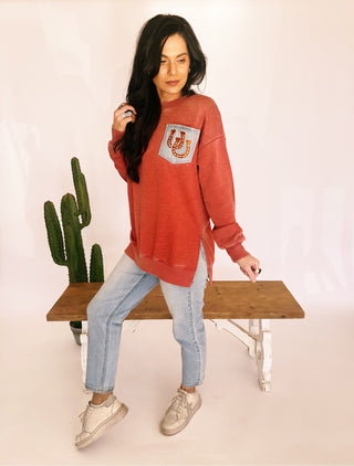 Raquel horseshoe denim pocket side slit pullover