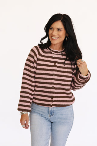 Brayden pink and brown balloon sleeve stripe cardigan