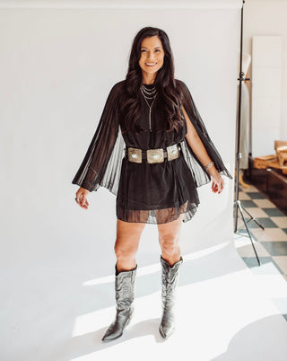 Desiree black pleated cape dress