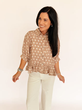 Paula taupe polka dot blouse ruffle hem