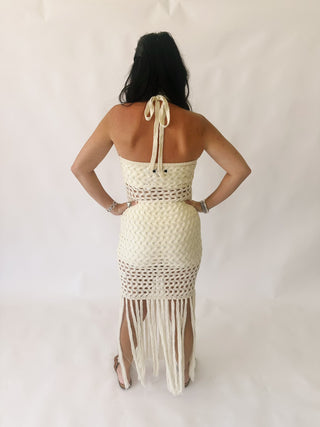 Brianna sweater fishnet dress with fringe