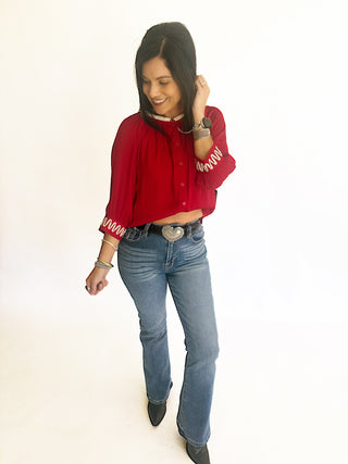 Cami crimson and cream blouse