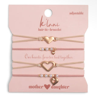 "Mother / Daughter" Pink with Pearls & Gold Hearts Shareable Hair Tie Bracelets