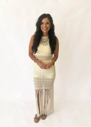 Brianna sweater fishnet dress with fringe