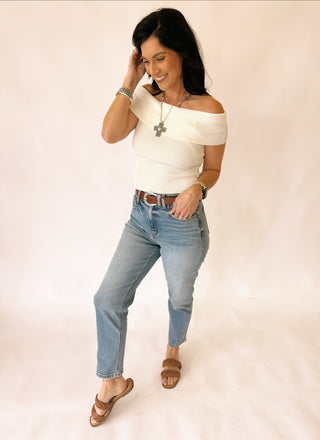 Ashley white off the shoulder ribbed top