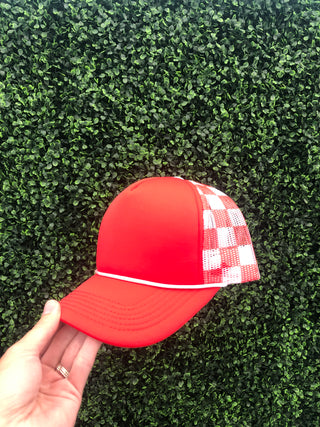 Red and white checkered trucker hat