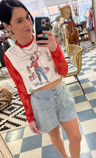 Filly flared out denim shorts with concho buttons