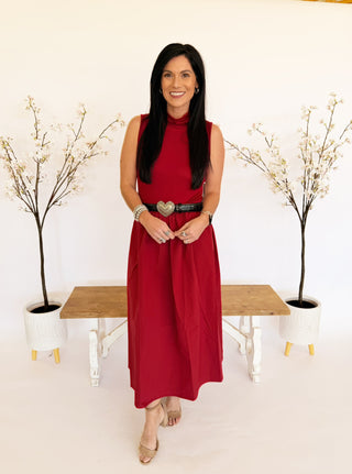 Kyla mock neck crimson midi dress