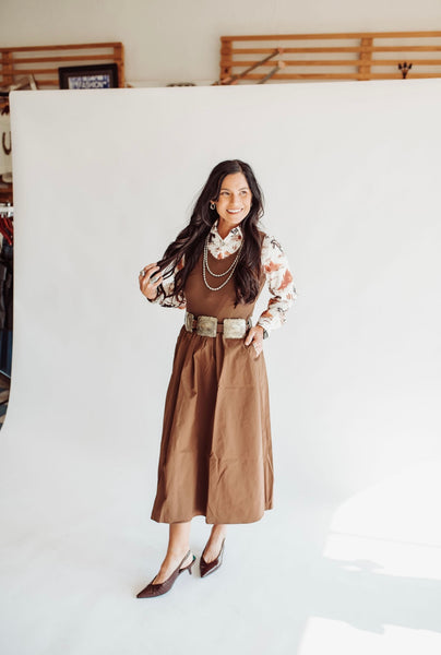 Kyla brown midi dress with pockets