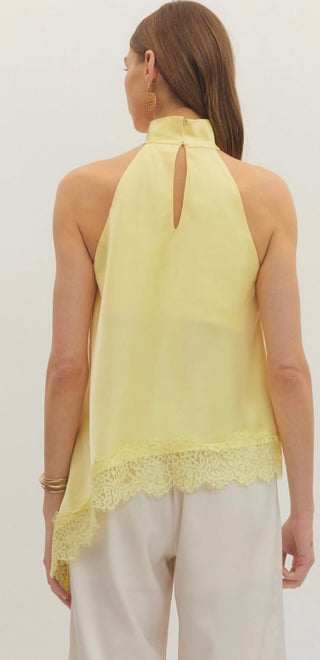 Chrissy Lemon yellow asymmetrical halter top