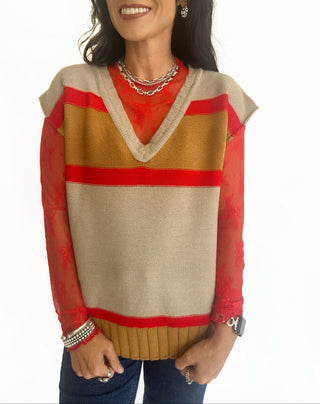 Reagan sleeveless red and tan sweater