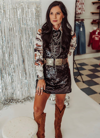 Poppy black sequin dress (back bow accent)