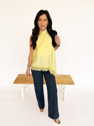 Chrissy Lemon yellow asymmetrical halter top