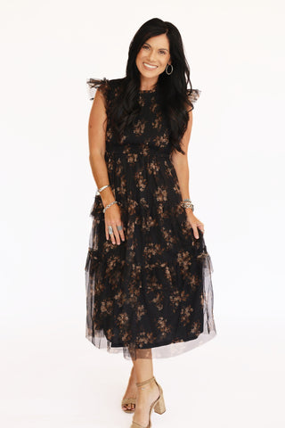 Kaylie black and brown floral flutter sleeve midi dress