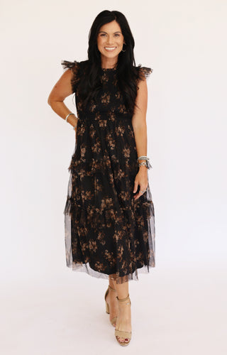 Kaylie black and brown floral flutter sleeve midi dress