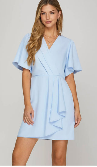 Camille light blue flutter sleeve dress