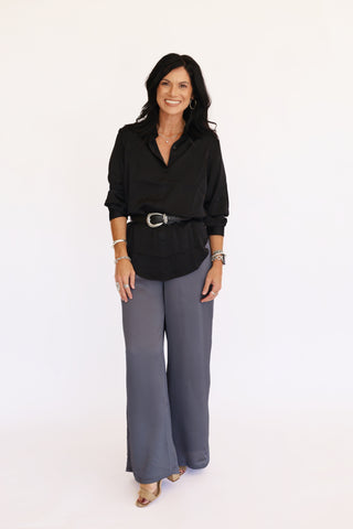 Brinley black silk like button up blouse