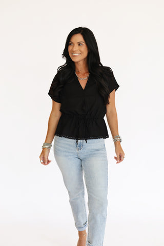 Bella black blouse with crochet detail