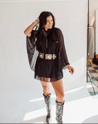 Desiree black pleated cape dress