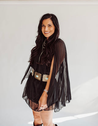 Desiree black pleated cape dress
