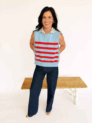 Caroline stripe sweater gold button detail