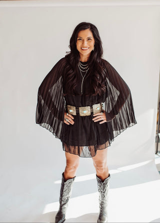 Desiree black pleated cape dress