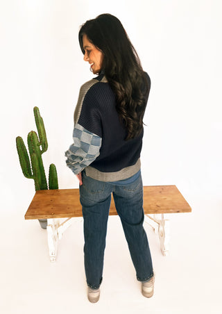 Chelsey checkered denim sleeve sweater