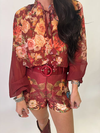 Luxe burgundy floral shorts