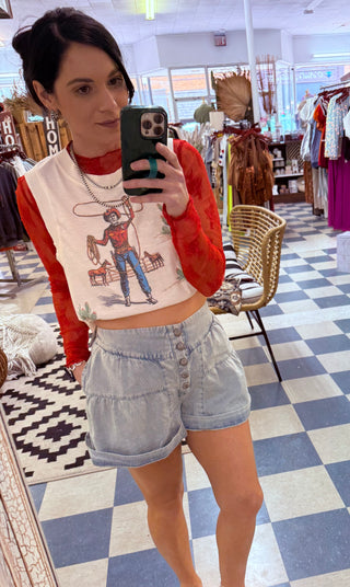 Filly flared out denim shorts with concho buttons