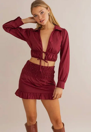 Britt burgundy tie front top