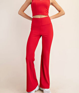 Rachel red ribbed flared yoga pants