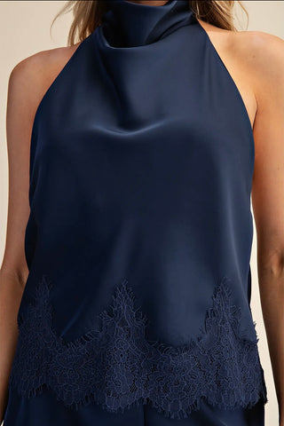 Chanel navy cowl neck lace bottom blouse