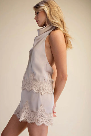 Chanel cowl neck lace bottom blouse